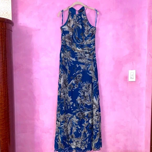 S.L. Fashions | Dresses | Sl Fashions Dress Blue Gray Floral Abstract Print  Maxi Halter Neck Zip Wedding | Poshmark